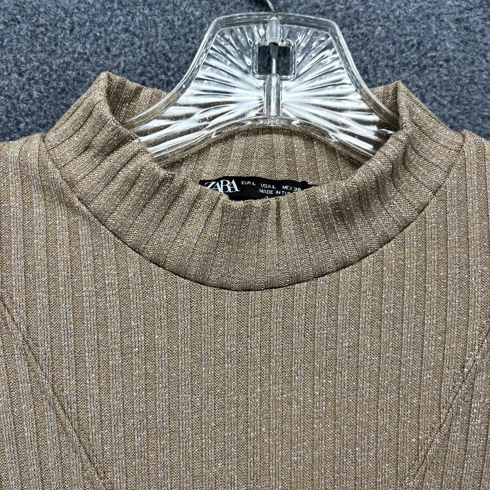 Zara Ribbed Dress womens Size L Tan Sleeveless Stretch metallic thread Halter - Picture 7 of 16